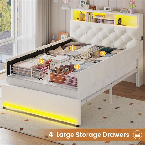 Twin Bed Frame With Bookcase Headboard And Led Lights 4 Storage