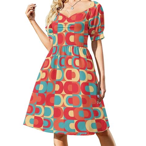 70s Pattern Retro Inustrial in Red Blue Teal and Orange Dress Evening