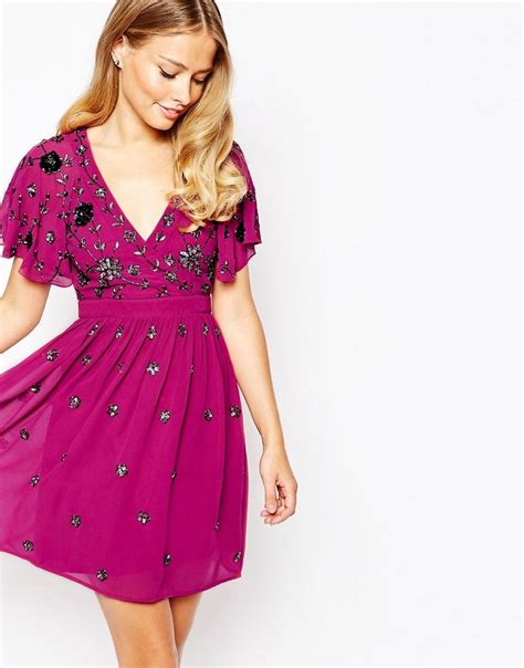 Frock And Frill Wrap Front Embellished Skater Dress