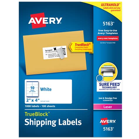 "Avery Laser Printer Shipping Labels, TrueBlock, 2""x4"", 1,000