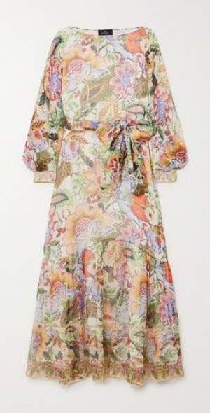 Etro Belted Floral Print Silk Crepon Maxi Dress