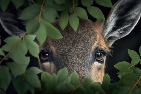 Close-up of Deer S Face, with Its Eyes and Nose Peeking Out from Behind the Foliage Stock Image ...