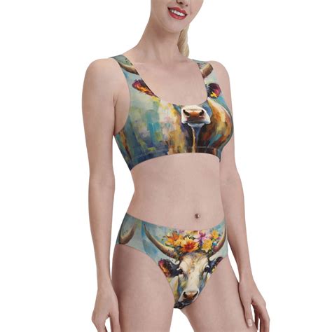 Tebeau Oil Painting Flower Cow Print Bikini Set For Women Two Piece Swimsuit Bandeau Top Back