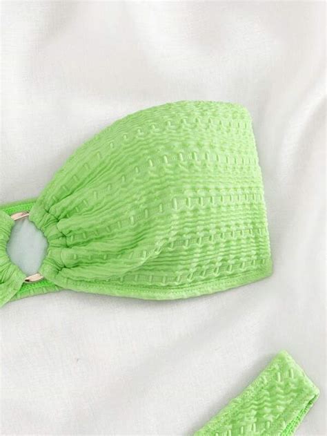 SHEIN Swim Basics Textured Bikini Ring Linked Bandeau Bra Bikini Bottom Piece Bathing Suit
