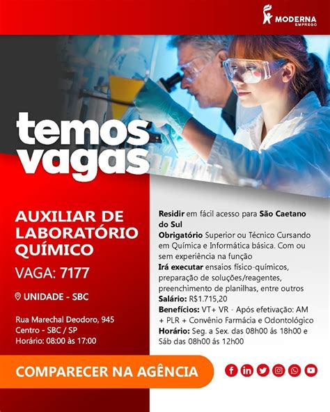 Vagas Auxiliar De Laboratório - 🚨VAGA PARA: AUXILIAR DE LABORATÓRIO QUÍMICO- CÓDIGO: 7177 | Moderna Emprego