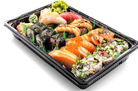 Sushi Bento Box With Assorted Rolls And Sashimi On White Background