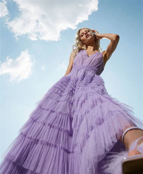 Abito longuette in tulle con balze Donna, Viola | TWINSET Milano