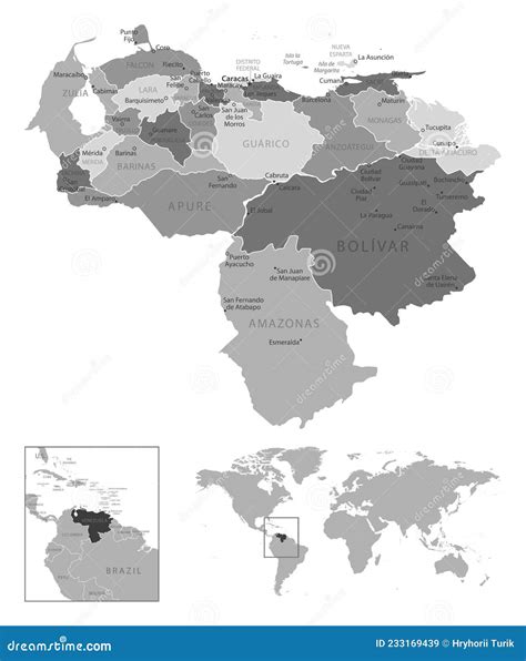 Venezuela - Highly Detailed Black And White Map. Cartoon Vector