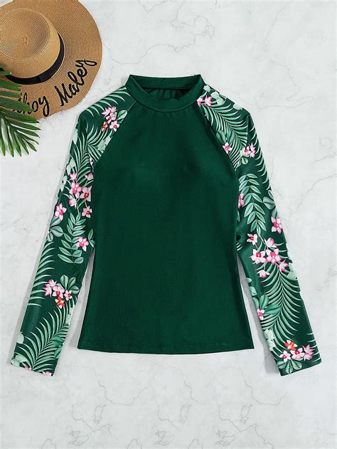 Shein Swim Sprty Ba Ador Bikini Con Estampado Tropical De Cuello Cisne Con Camisa Nadar Manga