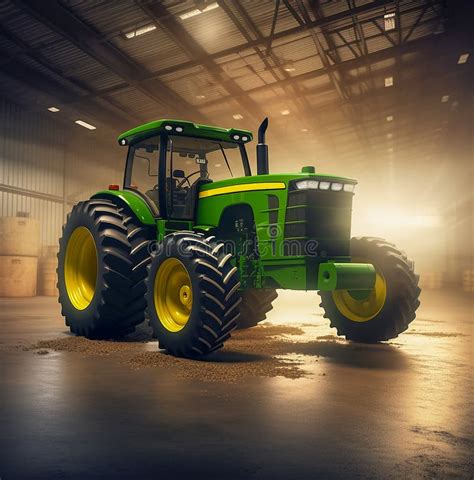 A New Green Agricultural Tractor Is In Hangar Stock Illustration