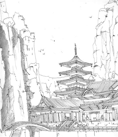 Chinese Temple Sketch at PaintingValley.com | Explore collection of ...