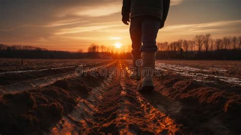 A Farmer Walks Through A Plowed Field Ai Generated Stock Image Image Of Farmer Tracks 314661509