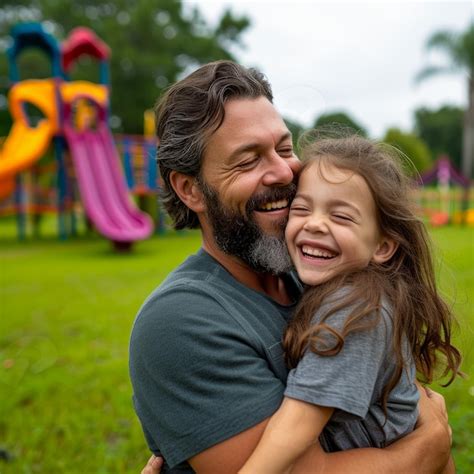 Un Padre Feliz Abrazando A Su Hija En El Parque Foto Premium