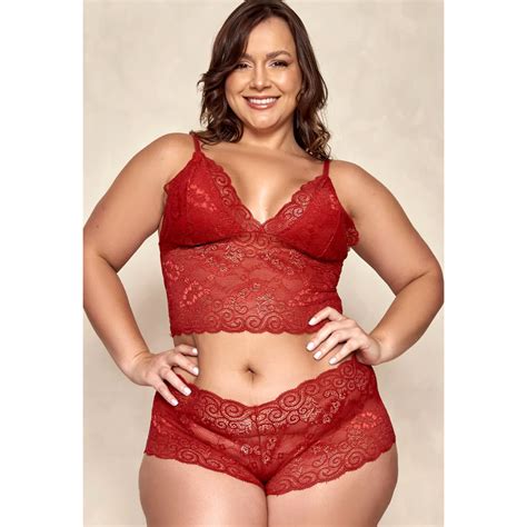 Kit Conjuntos Lingerie Plus Size De Renda Espera Marido Cropped E