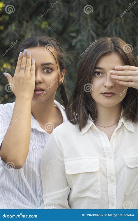 Close Up Portrait Of Two Girls Protecting Same Sex Relationships Feminism Stock Photo Image
