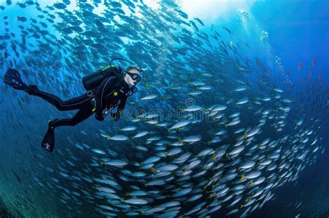 Scuba Diver Swimming Among Schools Of Fish Surrounded By Aquatic Life