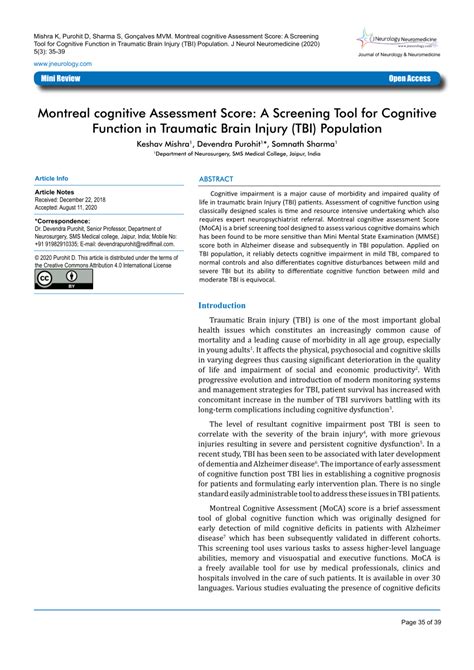 PDF Montreal Cognitive Assessment Score A Screening Tool For