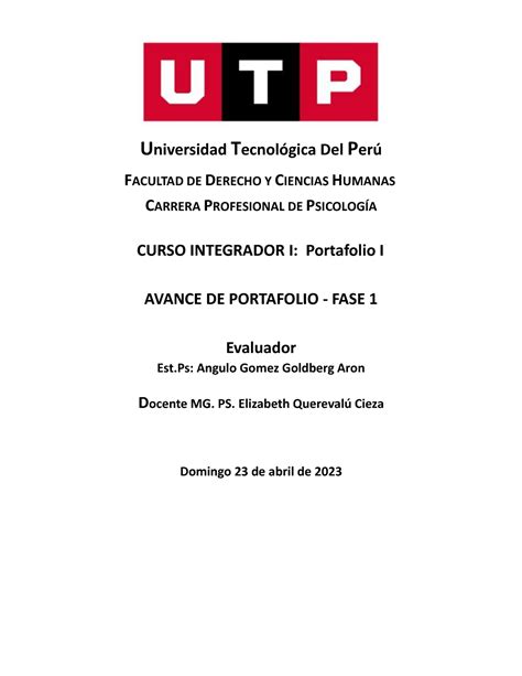 Caratula UTP Portafolio I22 Universidad Tecnológica Del Perú FACULTAD