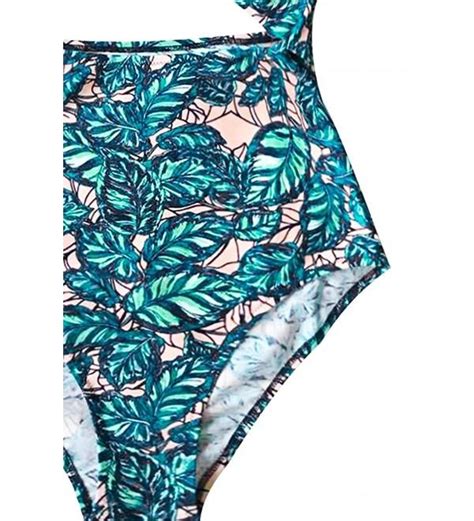 Women S Leaves Print Back Hook Closure Cut Out Bikini One Piece Swimsuit Beach Swimwear Bathing