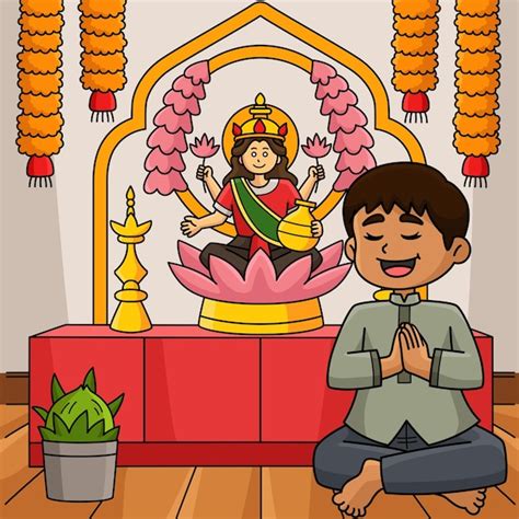 Diwali orando a Lakshmi dibujos animados en color | Vector Premium