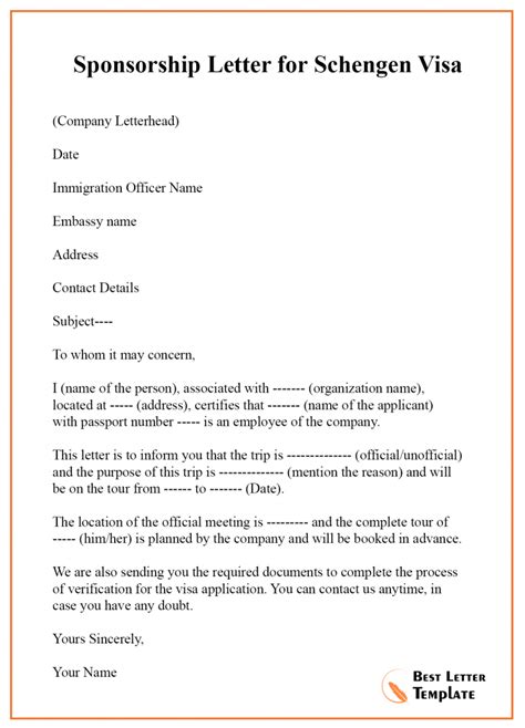 Sponsorship Letter for Visa Template - Format, Sample & Example