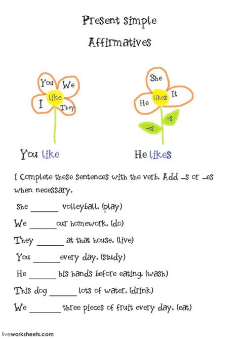 The Present Simple Affirmatives Worksheet Is Shown With Two Flowers On It