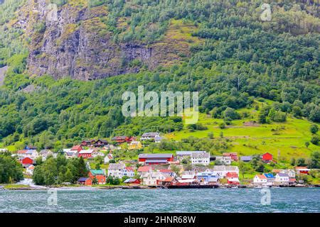 Beautiful and colorful touristic Undredal village Aurlandsfjord Aurland