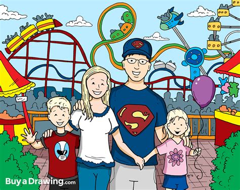 Family Cartoon Portrait Drawing at an Amusement Park