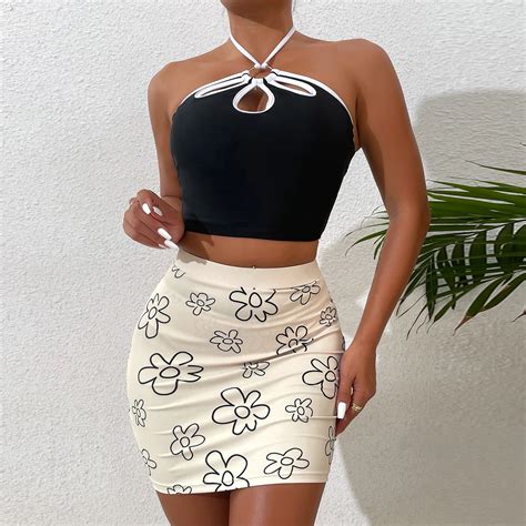 Pieces Skirt Bikini Set Flower Print Swimsuit Women Micro Strap Halter Swimwear Bathing Suit