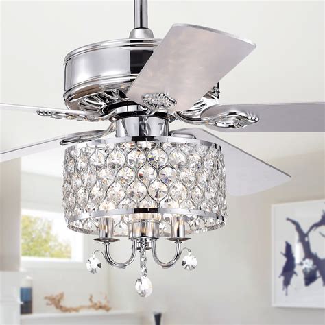 Fengren 52-inch Chrome Lighted Ceiling Fan with Crystal Drum Shade ...