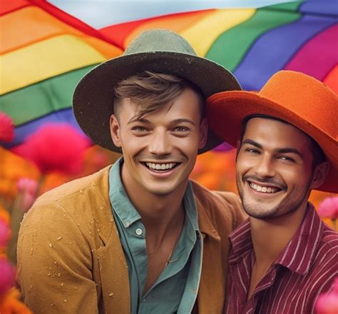 Una Hermosa Pareja Gay Feliz Con Los Colores Del Arco Iris En Un Campo De Flores Fondo De