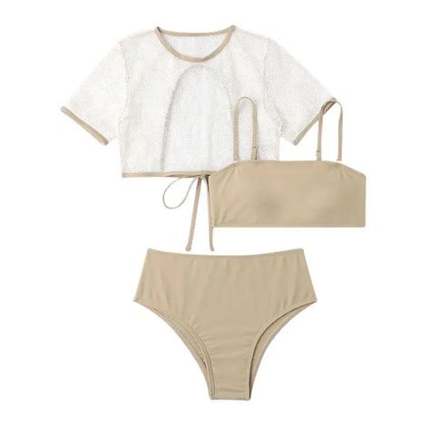 New Summer Women S Three Piece Swimsuit Solid Color Bikini Bathing Suit Mesh Cover Up