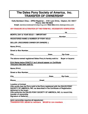 Fillable Online Transfer Of Ownership Form Dales Pony Society Of