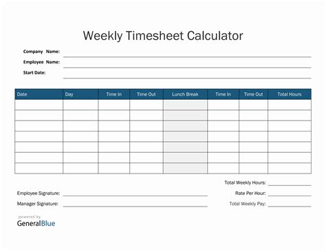 Weekly Timesheet Calculator in PDF (Blue)