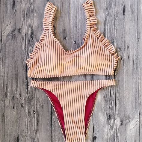Women Sexy Stripe Bikini Set Swimsuit Low Waist Split Swimwear Beachwear Biquini Maillot De Bain