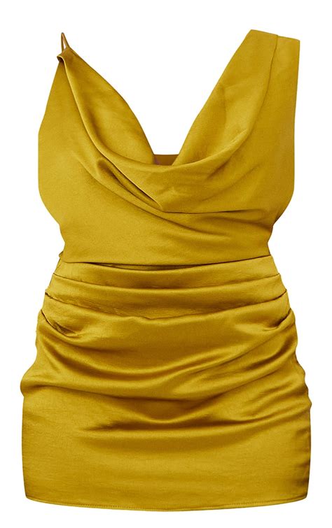 Plus Chartreuse Satin Extreme Cowl Bodycon Dress Plus Size Prettylittlething Usa