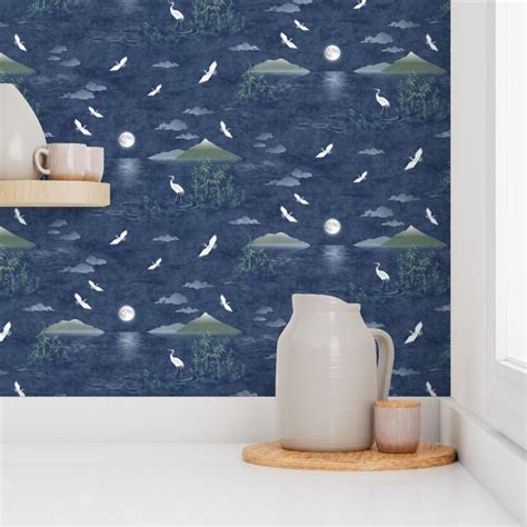 Moonrise With Cranes And Bamboo Night Wallpaper Spoonflower