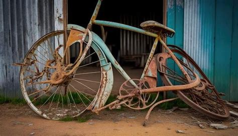 Uma Velha Bicicleta Enferrujada Est Encostada Em Uma Porta Que Diz