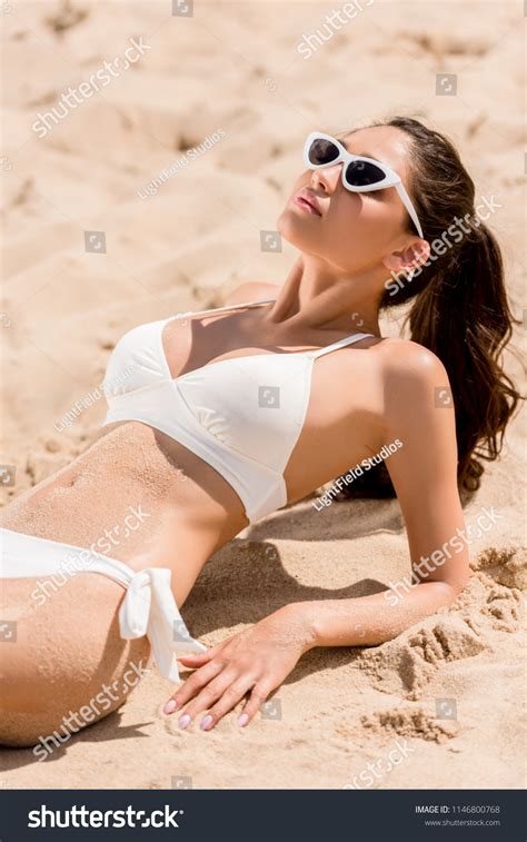 Brunette Woman Sunglasses White Bikini Sunbathing Stock Photo Shutterstock