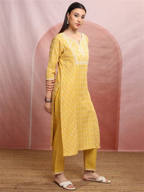 Buy Vishudh Mustard Embroidered Kurta With Trousers And Dupatta For