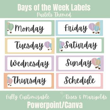 Vibrant Pastel Days Of The Week Labels Hot Air Balloon Class Decor Editable