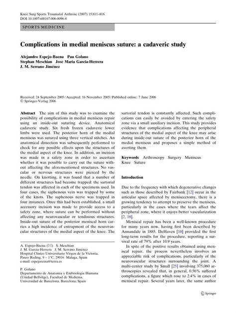 Pdf Complications In Medial Meniscus Suture A Cadaveric Study In