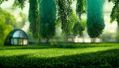 Hermosa Casa De Cristal Verde Con Jardín Natural Y árbol Con Césped