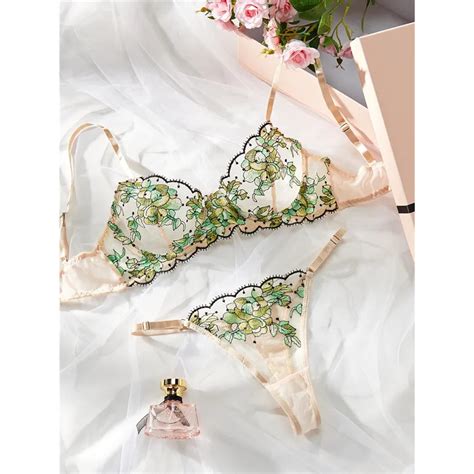 Jual Sexy Lingerie Set Women Lace Embroidery Flowers Fairy Seamless Underwear Transparent Bra