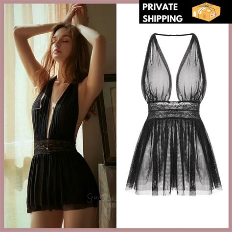 Ready Stock Lace Deep V Women Sexy Lingerie Babydoll Baju Seksi Pijmas Sleepdress Sleepwear Back