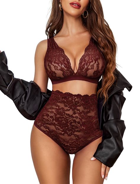 Avidlove Sexy Lingerie For Women High Waist Bra And Panty Set Strappy Babydoll Bodysuit Deep Red