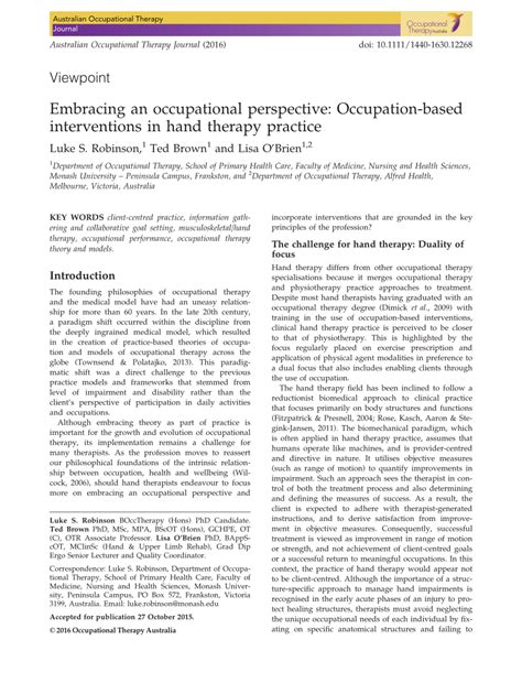 Pdf Embracing An Occupational Perspective Occupation Based