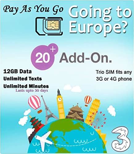 Prepaid Europe Uk Three Sim Card 12gb Data3000 Minutes3000 Texts