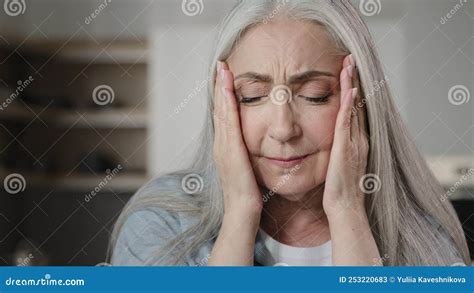 Sick Old Mature Caucasian Woman Worried Tired Upset Retiree Grey Haired Lady Holding Head