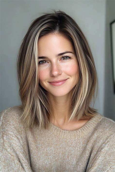 Layered Lob With Subtle Blonde Balayage Straight Hairstyles For Women Straight Hairstyles